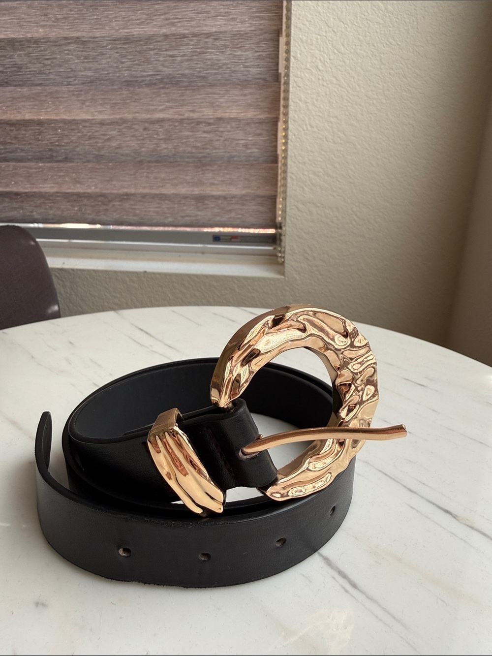 Black Leather Belt with Sculpted Gold-Tone Round Buckle